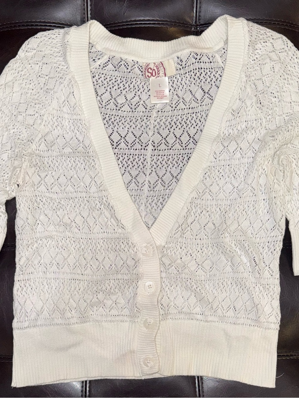 SO Women's Cream Open-Knit Button Front Cardigan